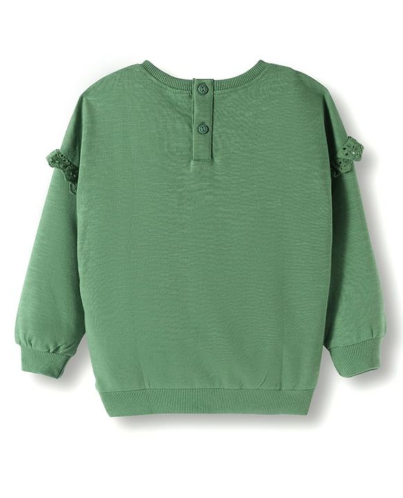 Babyhug Cotton Knit Full Sleeves Sweatshirt With Floral Embroidery - Green