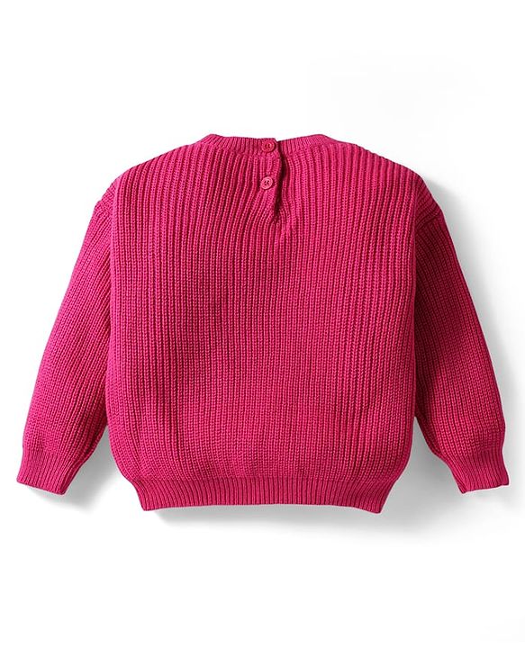 Babyhug Knit Full Sleeves Pullover Sweater with Floral Applique - Dark Pink