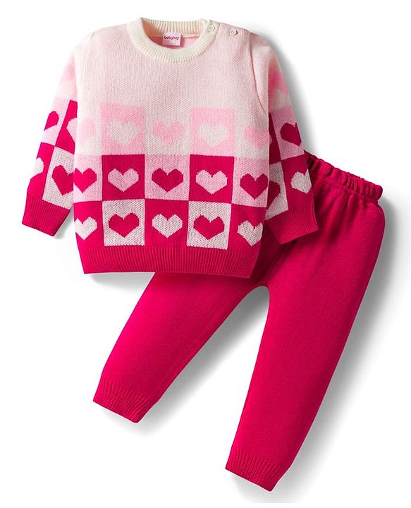Babyhug Knitted Full Sleeves Pullover Sweater Set With Heart Design - Pink