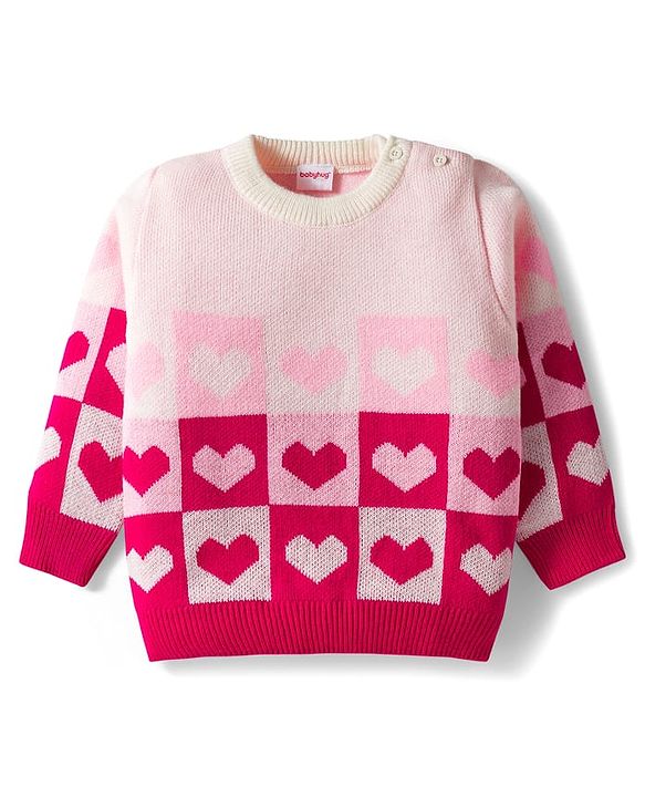 Babyhug Knitted Full Sleeves Pullover Sweater Set With Heart Design - Pink