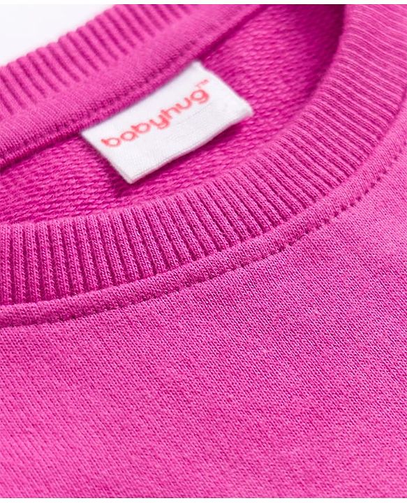 Babyhug Cotton Knit Full Drop Shoulder Volume Sleeves Sweatshirt with Floral Graphics & Butterfly Applique - Dark Pink