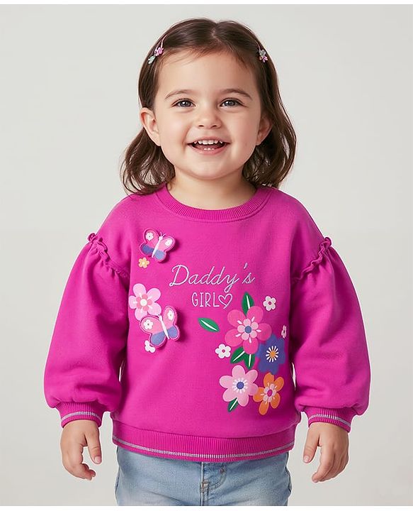 Babyhug Cotton Knit Full Drop Shoulder Volume Sleeves Sweatshirt with Floral Graphics & Butterfly Applique - Dark Pink