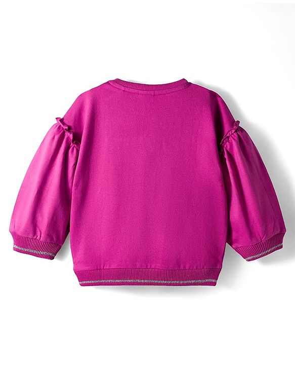 Babyhug Cotton Knit Full Drop Shoulder Volume Sleeves Sweatshirt with Floral Graphics & Butterfly Applique - Dark Pink