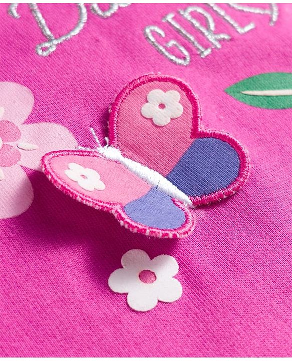 Babyhug Cotton Knit Full Drop Shoulder Volume Sleeves Sweatshirt with Floral Graphics & Butterfly Applique - Dark Pink