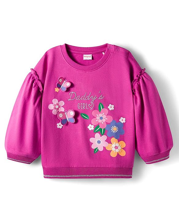 Babyhug Cotton Knit Full Drop Shoulder Volume Sleeves Sweatshirt with Floral Graphics & Butterfly Applique - Dark Pink