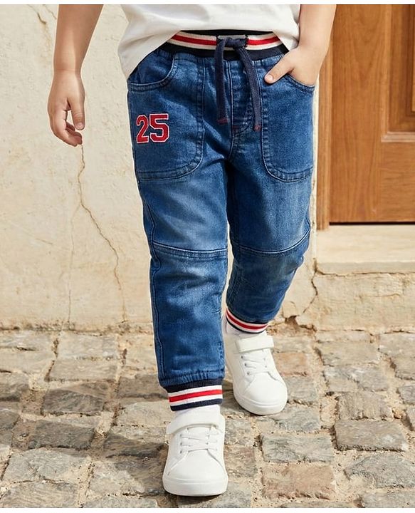 Babyhug Denim Full Length Washed Jeans with Stretch - Blue