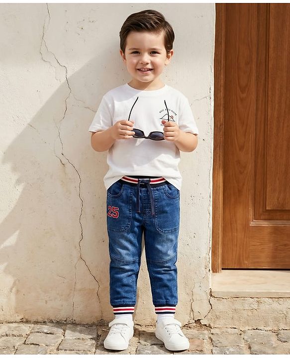 Babyhug Denim Full Length Washed Jeans with Stretch - Blue