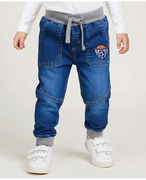 Babyhug Full Length Denim Washed Jeans with Stretch & Patch Detailing - Blue