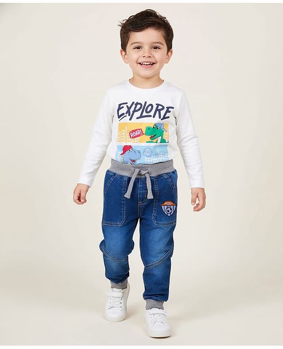 Babyhug Full Length Denim Washed Jeans with Stretch & Patch Detailing - Blue
