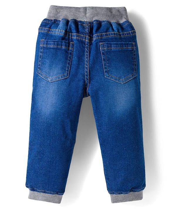 Babyhug Full Length Denim Washed Jeans with Stretch & Patch Detailing - Blue