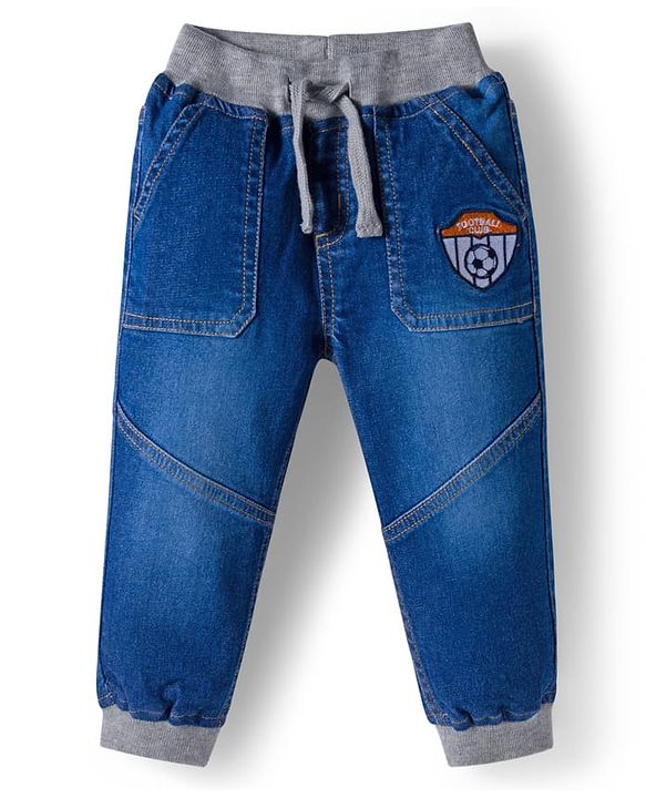 Babyhug Full Length Denim Washed Jeans with Stretch & Patch Detailing - Blue