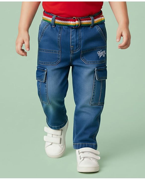 Babyhug Cotton Denim Full Length Jeans With Belt & Text Embriodery - Blue