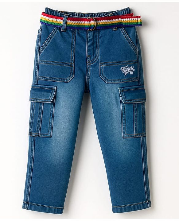 Babyhug Cotton Denim Full Length Jeans With Belt & Text Embriodery - Blue