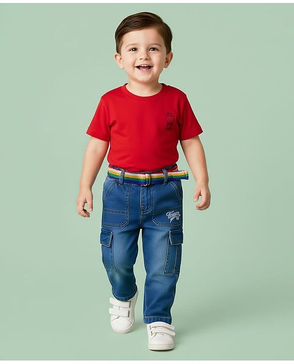 Babyhug Cotton Denim Full Length Jeans With Belt & Text Embriodery - Blue