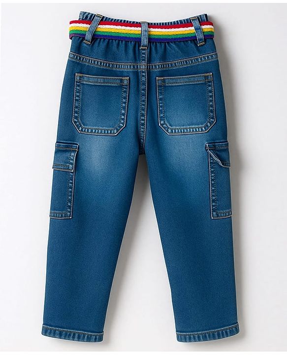 Babyhug Cotton Denim Full Length Jeans With Belt & Text Embriodery - Blue