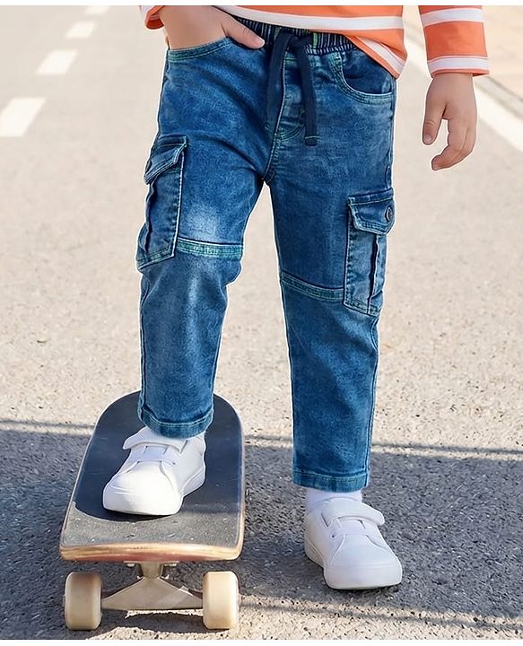 Babyhug Full Length Denim Washed Jeans with Stretch - Blue