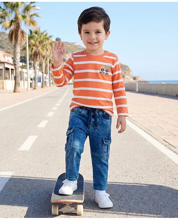Babyhug Full Length Denim Washed Jeans with Stretch - Blue