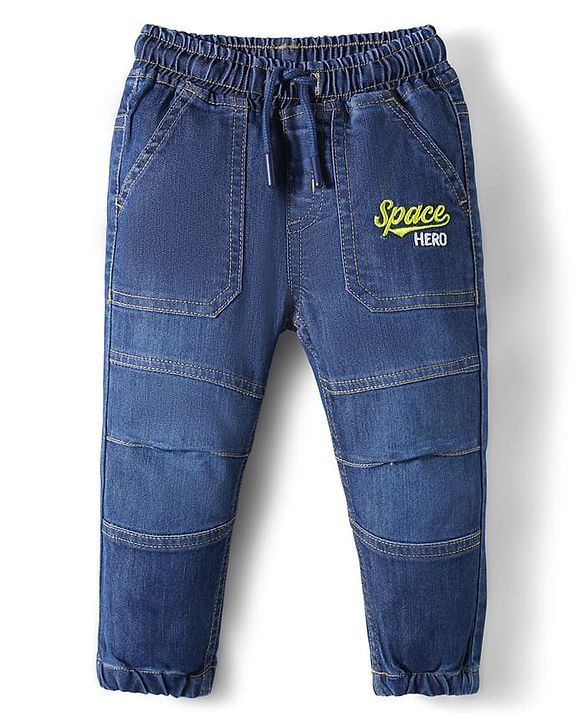 Babyhug Full Length Denim Washed Jeans with Stretch & Text Embroidery - Blue