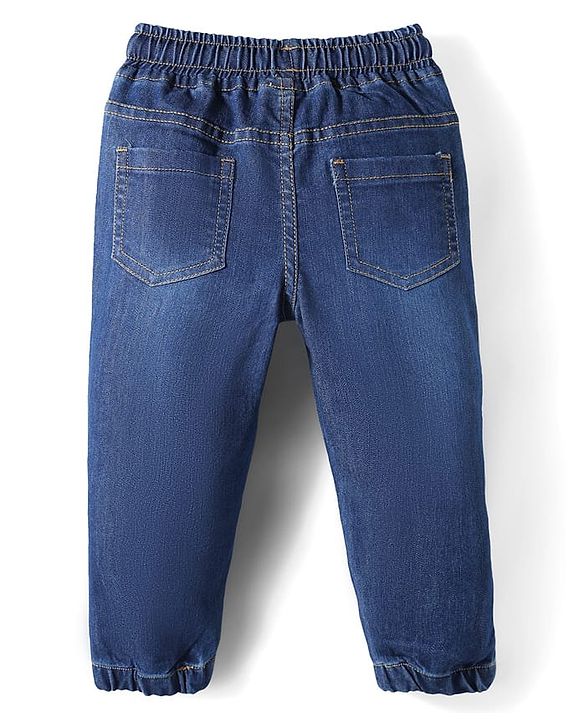 Babyhug Full Length Denim Washed Jeans with Stretch & Text Embroidery - Blue