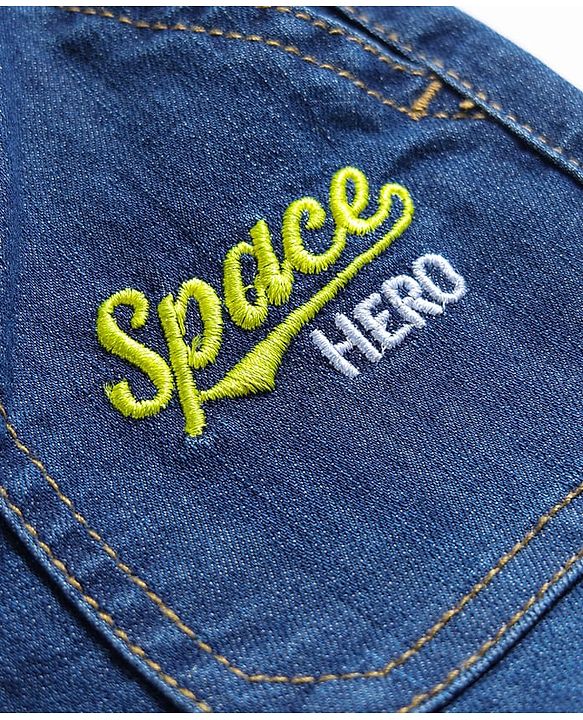 Babyhug Full Length Denim Washed Jeans with Stretch & Text Embroidery - Blue