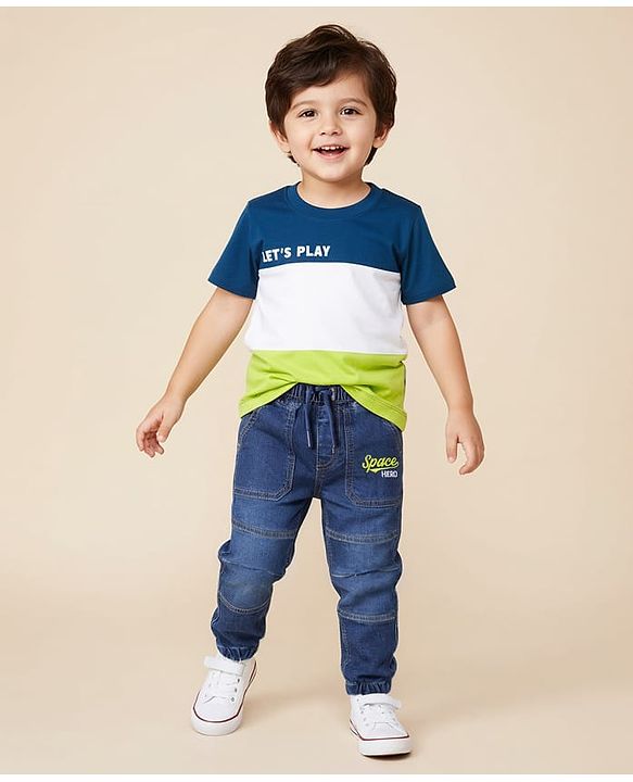 Babyhug Full Length Denim Washed Jeans with Stretch & Text Embroidery - Blue