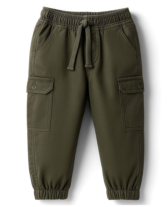 Babyhug Twill Woven Full Length Solid Colour Trouser Pant With Stretch - Olive Green