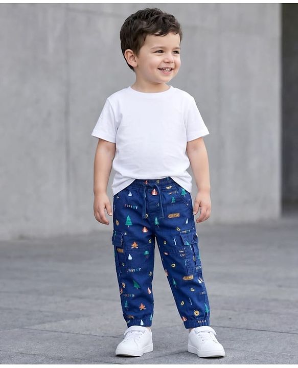 Babyhug Twill Woven Full Length Trouser Pant With Stretch & Tree Print - Navy Blue