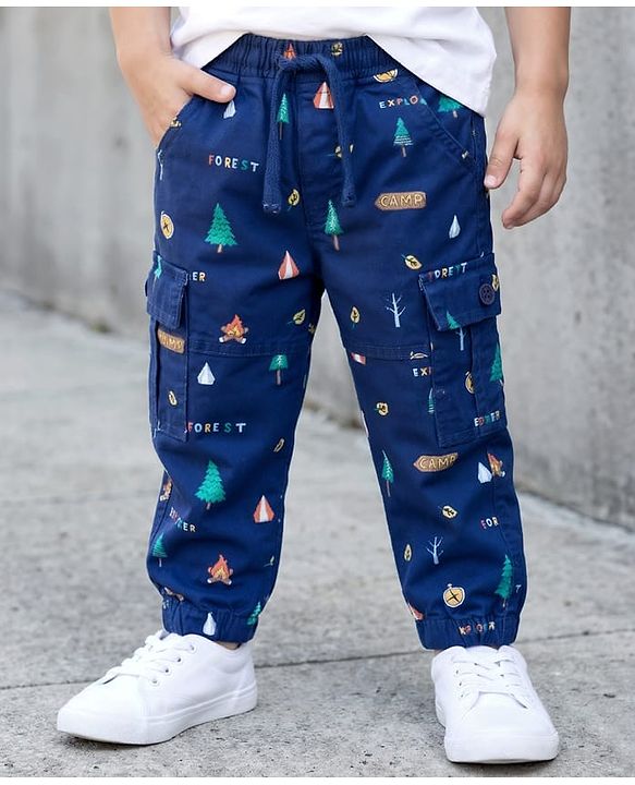 Babyhug Twill Woven Full Length Trouser Pant With Stretch & Tree Print - Navy Blue