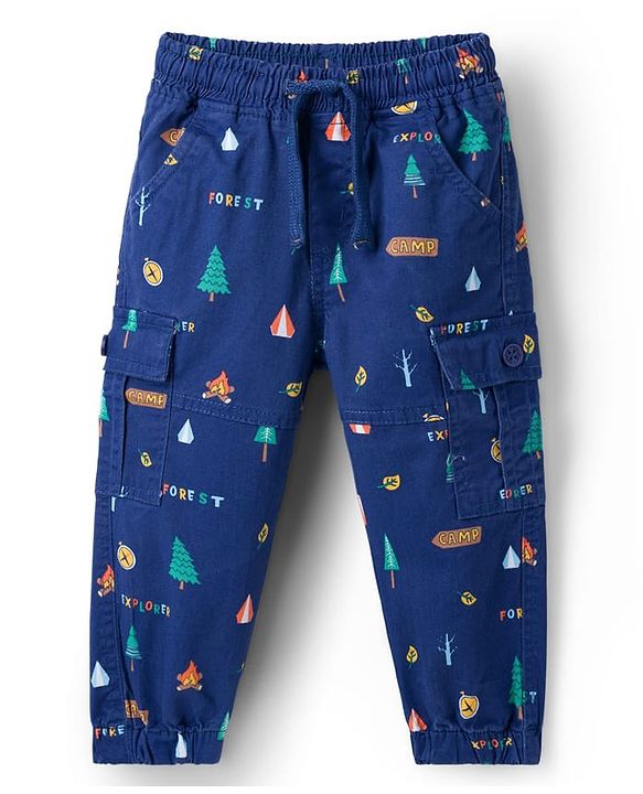 Babyhug Twill Woven Full Length Trouser Pant With Stretch & Tree Print - Navy Blue