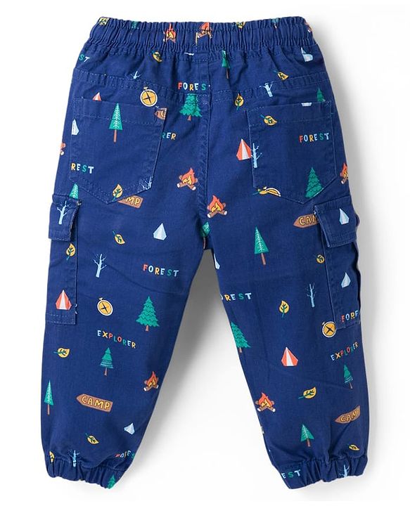 Babyhug Twill Woven Full Length Trouser Pant With Stretch & Tree Print - Navy Blue