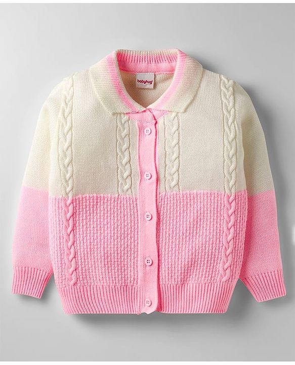 Babyhug Knit Full Sleeves Front Open Sweater Set With Cable Knit Design - Pink & White