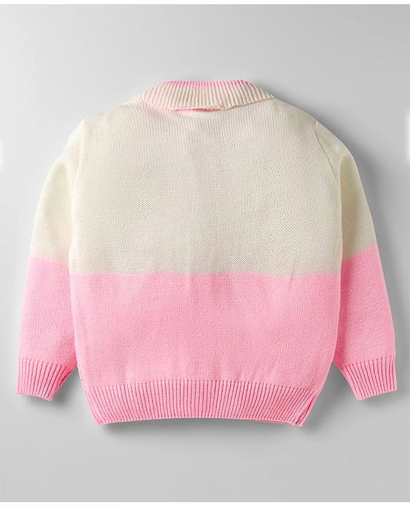 Babyhug Knit Full Sleeves Front Open Sweater Set With Cable Knit Design - Pink & White