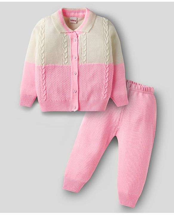 Babyhug Knit Full Sleeves Front Open Sweater Set With Cable Knit Design - Pink & White