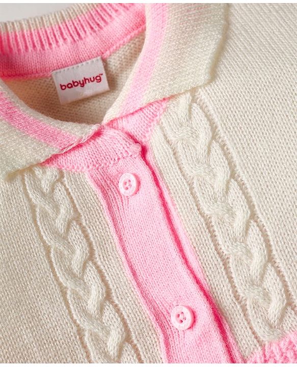 Babyhug Knit Full Sleeves Front Open Sweater Set With Cable Knit Design - Pink & White