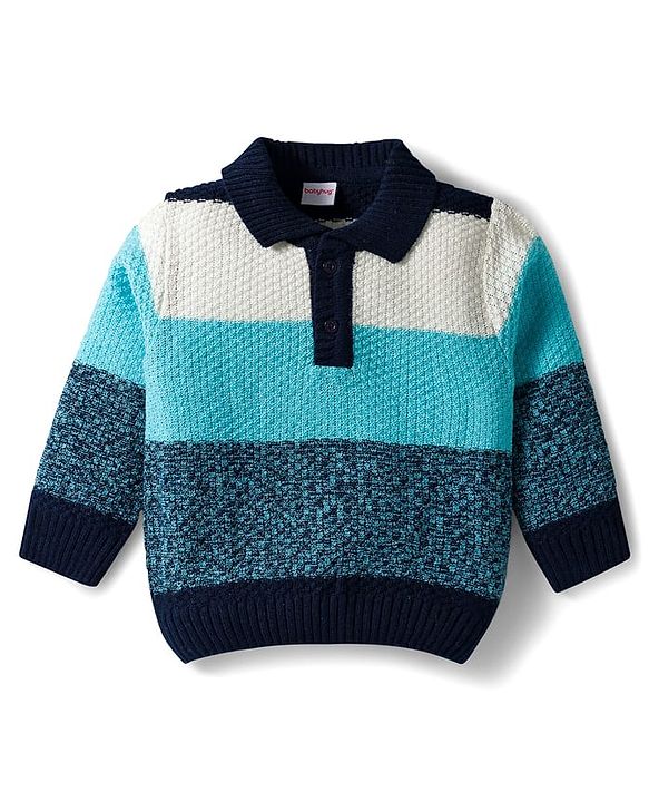 Babyhug Knitted Full Sleeves Pullover Sweater Set With Color Block Design - Multicolor