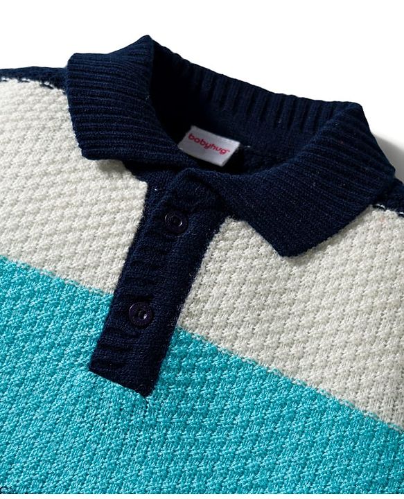 Babyhug Knitted Full Sleeves Pullover Sweater Set With Color Block Design - Multicolor