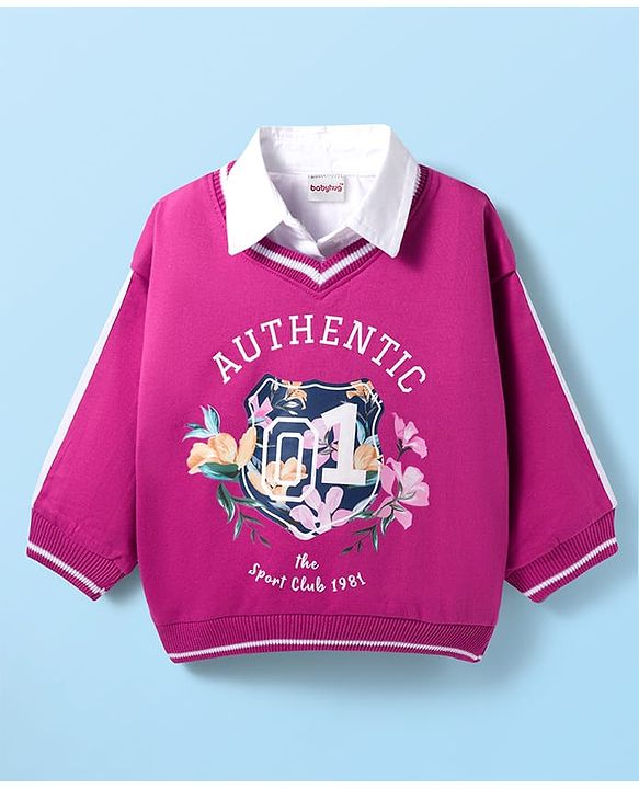 Babyhug Cotton Knit Full Sleeves Collar Neck Sweatshirt With Floral Print - Fuchsia