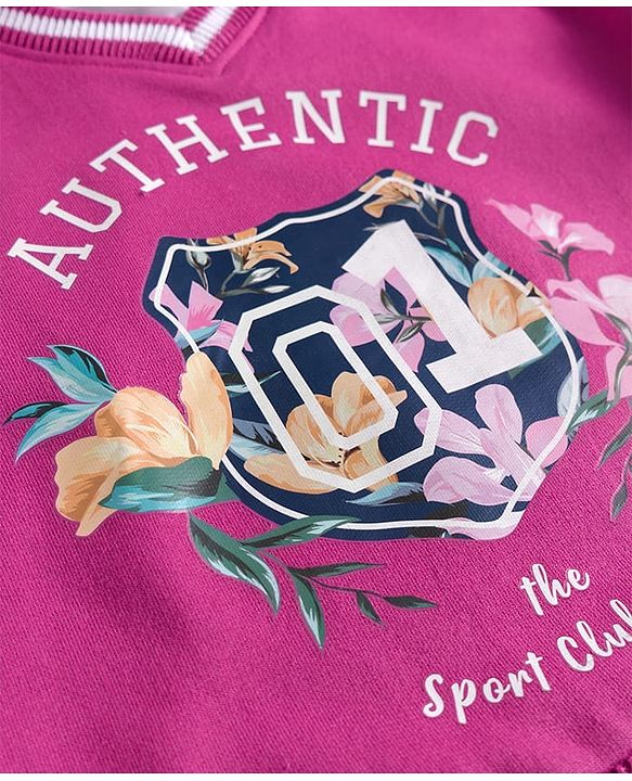 Babyhug Cotton Knit Full Sleeves Collar Neck Sweatshirt With Floral Print - Fuchsia