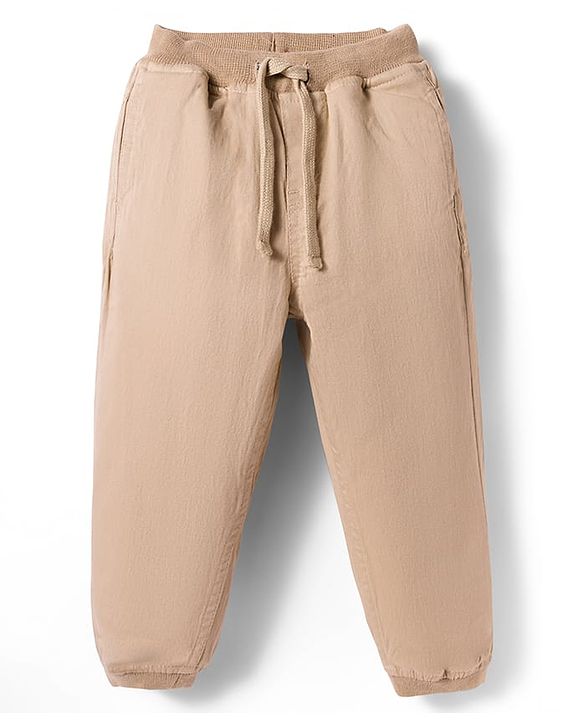 Babyhug Twill Woven Full Length Solid Colour Trouser With Stretch - Beige
