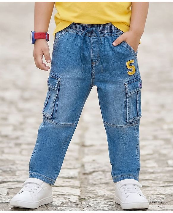 Babyhug Denim Full Length Washed Jeans With Stretch & Text Embriodery - Blue