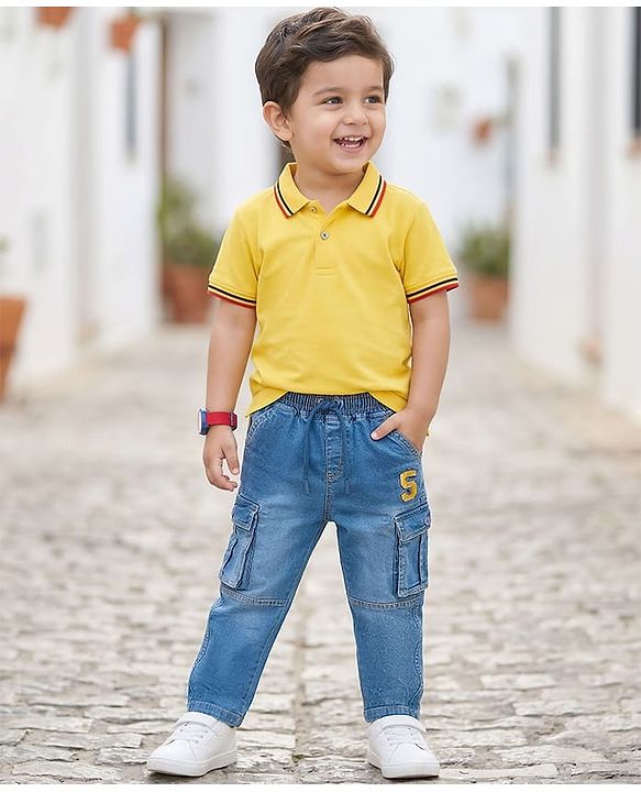 Babyhug Denim Full Length Washed Jeans With Stretch & Text Embriodery - Blue