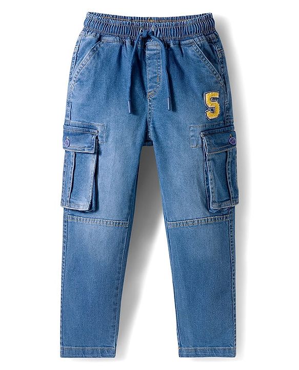 Babyhug Denim Full Length Washed Jeans With Stretch & Text Embriodery - Blue