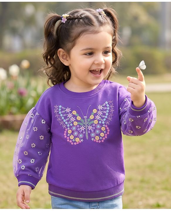 Babyhug Cotton Knit Full Sleeves Sweatshirt with Butterfly & Floral  Embroidery - Purple