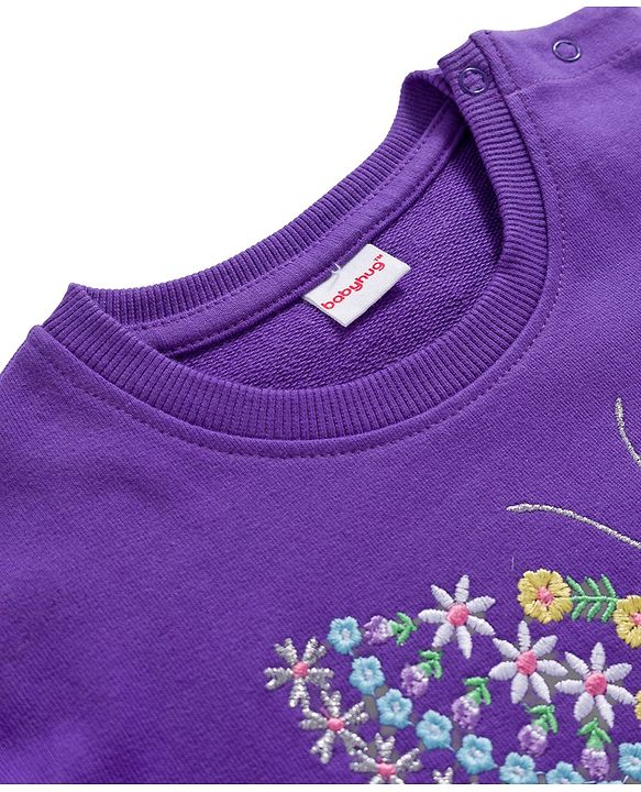Babyhug Cotton Knit Full Sleeves Sweatshirt with Butterfly & Floral  Embroidery - Purple