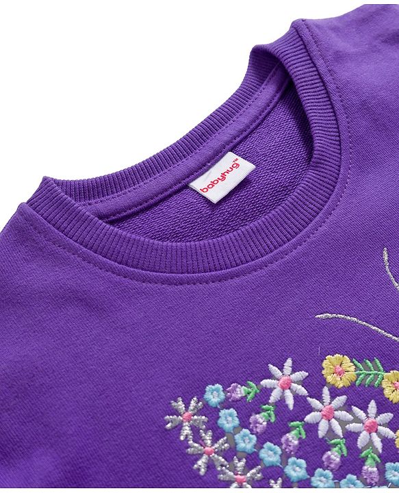 Babyhug Cotton Knit Full Sleeves Sweatshirt with Butterfly & Floral  Embroidery - Purple