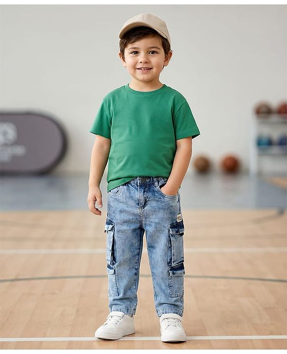 Babyhug Denim Full Length Washed Jeans With Stretch & Cargo Pocket - Blue