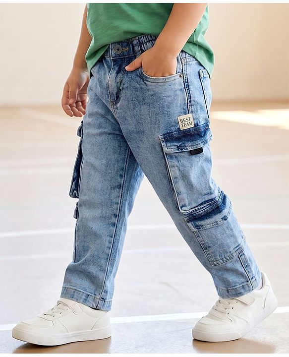 Babyhug Denim Full Length Washed Jeans With Stretch & Cargo Pocket - Blue