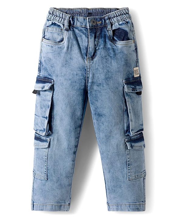Babyhug Denim Full Length Washed Jeans With Stretch & Cargo Pocket - Blue