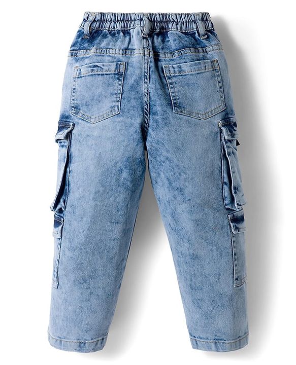 Babyhug Denim Full Length Washed Jeans With Stretch & Cargo Pocket - Blue