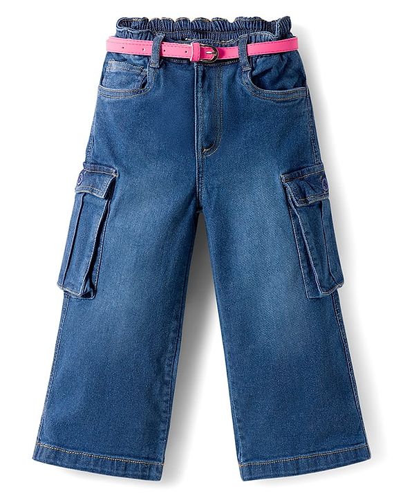 Babyhug Denim Full Length Washed Jeans With Stretch & Belt - Blue